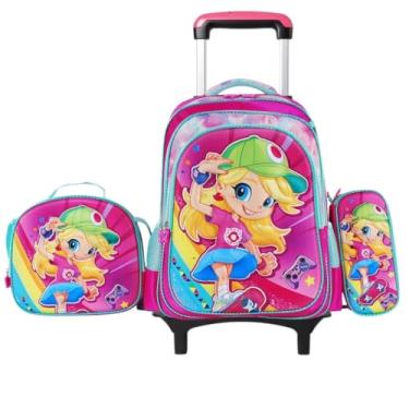 Imagem de Mochila escolar de rodinhas com LED, kit 3 peças com mochila. lancheira forrada e estojo, para meninos e meninas de 6 a 12 anos (MENINA SKATE)