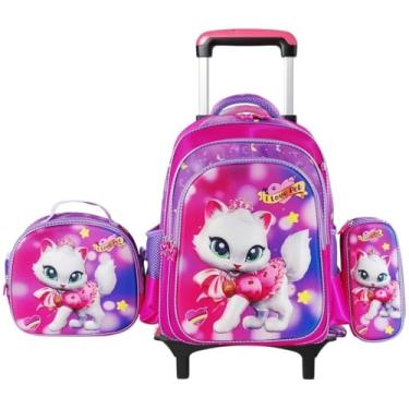 Imagem de Mochila escolar de rodinhas com LED, kit 3 peças com mochila. lancheira forrada e estojo, para meninos e meninas de 6 a 12 anos (GATO 1)