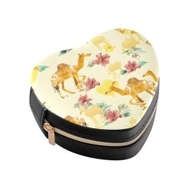 Imagem de Burbuja Caixa de joias em formato de coração com desenho de camelos de hibisco, mini estojo de joias de viagem para mulheres e meninas, organizador portátil de armazenamento para brincos, anéis