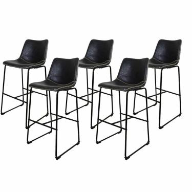 Imagem de Kit 5 Banquetas Munich Estofadas Pretas com Encosto 74cm Base Metálica