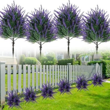 Imagem de YUGYUM Flores de lavanda artificiais, vegetação com espigão ao ar livre, arbustos falsos, plantas, plantas de plástico resistente a UV para ambientes externos, casa, jardim, varanda, primavera