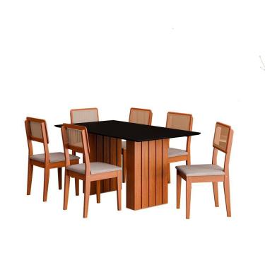 Imagem de Kit Mesa Jantar Santiago 160 Com Tampo De Vidro E 6 Cadeiras Cinamomo/preto/nevoa Boucle
