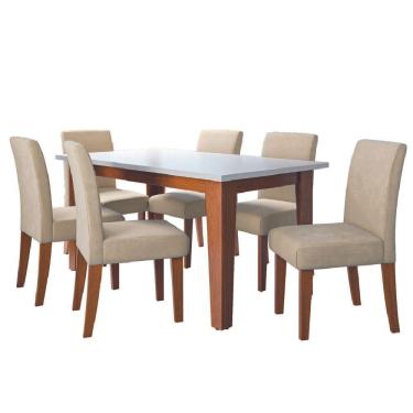 Imagem de Conjunto Sala De Jantar Mesa Miami 1,60m 6 Cadeiras Trieste Dobuê Madeirado / Bege