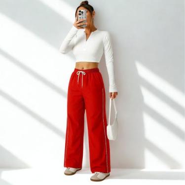 Imagem de Calça Básica Street Reta Larga de Tactel com Cordão na Cintura e Bolso