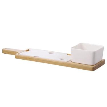Imagem de Conjunto para Queijo PCLN-019 em Porcelana e Bambu com Tábua 37cm 3 Peças para Servir Branco Hauskraft