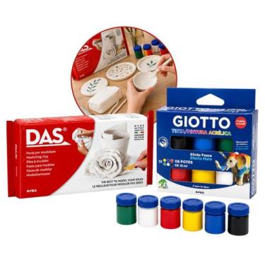 Imagem de Kit Massa para Modelar DAS Branca 500g com Tinta Acrílica 6 Cores para