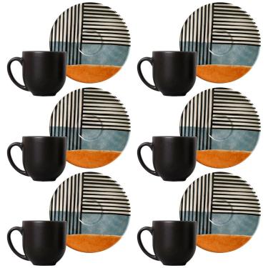 Imagem de Conjunto com 6 Xícaras e Pires para Café Porto Brasil Coup Abstrata em Cerâmica Feldspática Off-White - 112ml