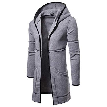 Imagem de Moletom com capuz de grandes dimensões com capuz moda blusa masculina cardigã longo casaco sólido casaco manga casaco casacos masculinos, Cinza, M
