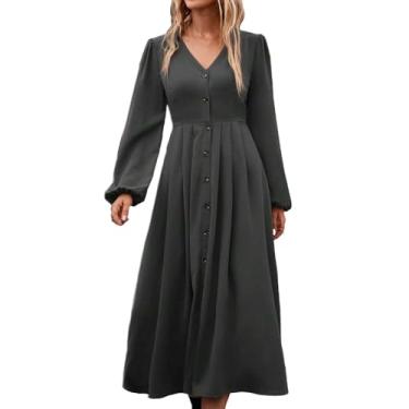 Imagem de UIFLQXX Vestido feminino elegante com decote em V, manga comprida, cintura alta, vestido rodado para casamento, convidado, vestido rodado, Cinza escuro, 3G