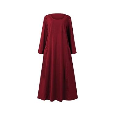 Imagem de UIFLQXX Vestido longo feminino plus size cor sólida manga longa gola redonda vestido longo com bolso algodão e linho praia, RD1, M