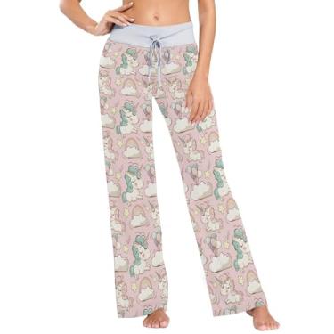 Imagem de KLL Unicórnios fofos nuvens arco-íris pijama calças para mulheres roupa de dormir de algodão macio para mulheres pijama para outono casual, Unicórnios fofos nuvens arco-íris, G
