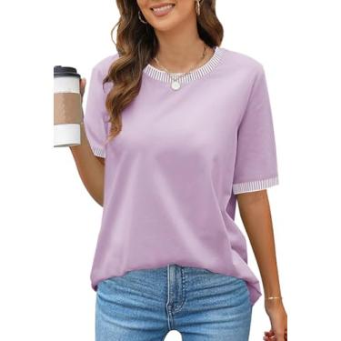 Imagem de MEROKEETY Camiseta feminina de verão 2024 listrada de manga curta gola redonda solta casual, Lilás, GG