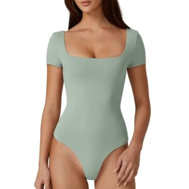 Imagem de QINSEN Body feminino com gola quadrada, manga curta, camada dupla, camiseta moderna, Verde fumê, P