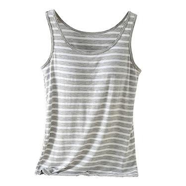 Imagem de Camiseta feminina com sutiã embutido, listras de algodão, alças finas, camiseta regata lisa com sutiã embutido, Cinza, GG