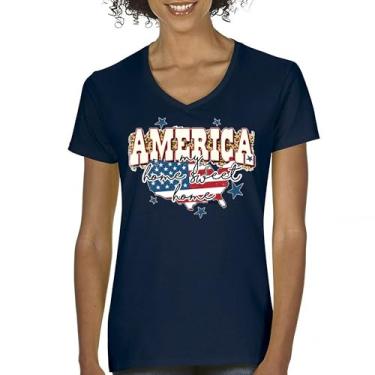 Imagem de Camiseta feminina America My Home Sweet Home gola V 4th of July Stars and Stripes Pride American Dream Patriotic USA Flag Tee, Azul marinho, G