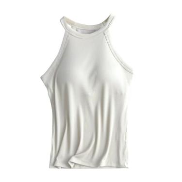 Imagem de Camiseta feminina com sutiã embutido de algodão com alça ajustável básica para ioga, camisetas elásticas e casuais de verão, Branco, P