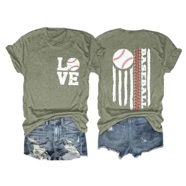 Imagem de Camisetas femininas 2024 Baseball Mom Love American Flag Graphic Tops verão casual manga curta blusas soltas, Verde, P