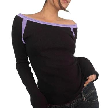 Imagem de Blusa feminina de manga comprida com ombro de fora Y2k cropped slim justa sólida básica camisetas casuais para sair, Preto 2, G