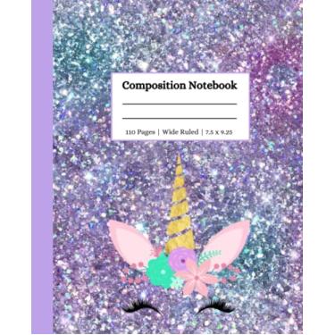Imagem de Caderno de composição de unicórnio com glitter azul claro e roxo: pautado largo, 110 páginas, 19 x 23,5 cm