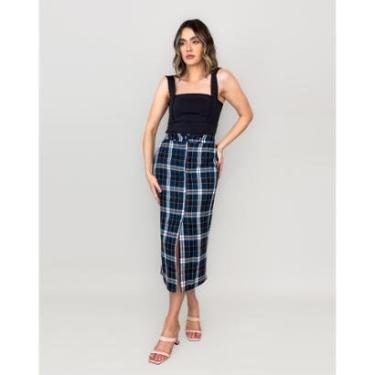 Imagem de Saia midi Cambridge Reta Fenda Frontal Alfaiataria Xadrez Conigli Azul-Feminino