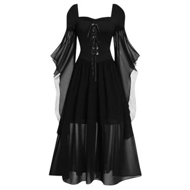 Imagem de FEAPHY Vestido feminino gótico vintage chiffon ombro vazado manga flare vestido alto baixo, Manga bufante - preta, M