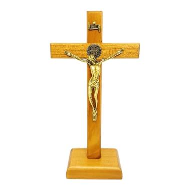 Imagem de Crucifixo de mesa madeira clara São Bento 18 cm