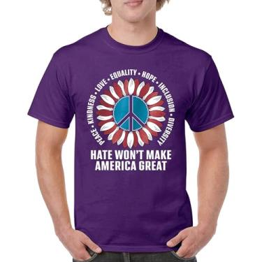 Imagem de Camiseta masculina Hate Won't Make America Great Peace Kindness Love Equality Hope Inclusion Diversity Peace Sign, Roxa, GG