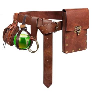 Imagem de Bolsa de cinto renascentista, bolsa de moedas, saia, caminhada, festival, fantasia medieval, acessórios de Halloween, pochete casual, bolsa de cintura, Bolsa e garrafa - marrom, Bolsa de cinto
