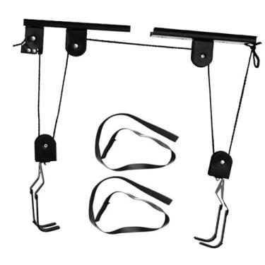 Imagem de Sistema de polia de elevação de bicicleta para garagem, 60 kg, aço, preto, 2 ganchos (1 gancho e 2 cordões)