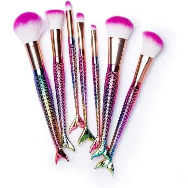 Imagem de Pincel Pinceis De Maquiagem Kit Com 7 Pinceis Sereia Calda De Peixe Rosa
