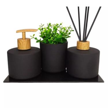Imagem de Kit Banheiro Luxo Vidros Preto Fosco Aromatizador + Saboneteira com Ba