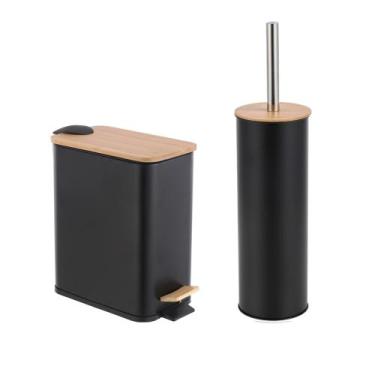 Imagem de Kit Lixeira 3 Litros Bambu Pedal + Escova Sanitária Higiene - PGB, Pre