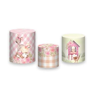 Imagem de Trio de Capas de Cilindro - Fazendinha Rosa com Flores e Laços 032 - V