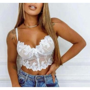 Imagem de Blusa Cropped de renda floral com bojo feminina tendência - Filó modas
