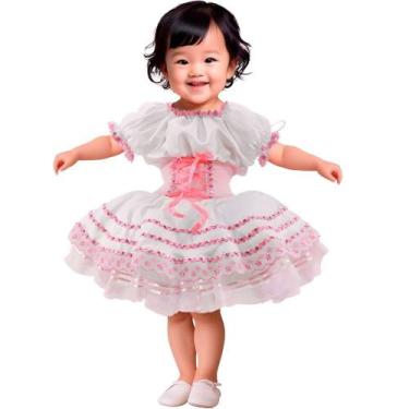 Imagem de Novinha Caipira Bebe Menina Vestido de Luxo Branco e Rosa Com Corselet