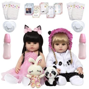 Imagem de Kit Boneca Reborn Gêmeas Enxoval Panda Coelha Baby Itens - Cegonha Reb