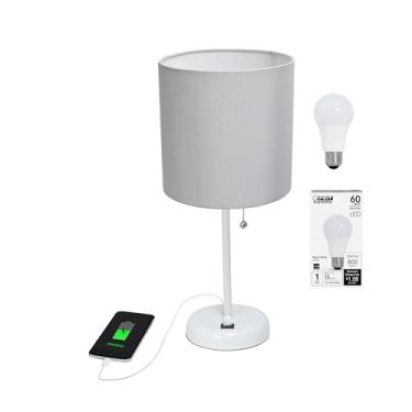 Imagem de Simple Designs LT2044-GOW-LB Candeeiro de mesa branco com porta de carregamento USB e sombra de tecido de tambor para sala de estar, corredor, mesa de cabeceira, escritório, sombra cinza, com lâmpada