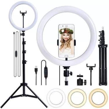 Imagem de anel iluminador Ring light ilumina fotos celular vídeos youtube tripé 