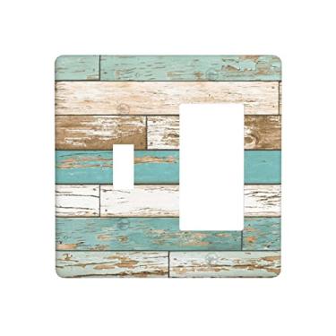 Imagem de Combinação de casa de fazenda rústica 1 interruptor 1 interruptor basculante tampa de tomada 2 placas de parede, casa de praia tema de madeira decorativa capa de interruptor de luz, 4,5 x 4,5