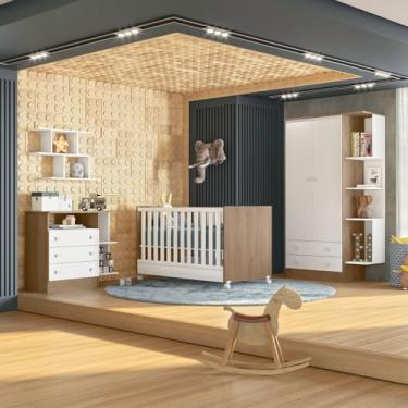 Imagem de Kit Berço Mini Cama Taís, Guarda Roupa Infantil 2 Portas 2 Gavetas com Nicho e Cômoda Infantil 3 Gavetas com Nicho Brilhar Q01 Carvalho Rústico/Branco - Amarena Móveis