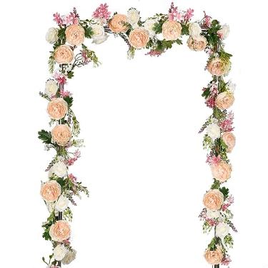 Imagem de DearHouse Guirlanda de Flores de Peônia Artificial, 2 Peças, Guirlanda de Peônia de Seda com Flores Rosa e Brancas para Decoração de Mesa de Festa de Casamento, 6 Pés/Fio