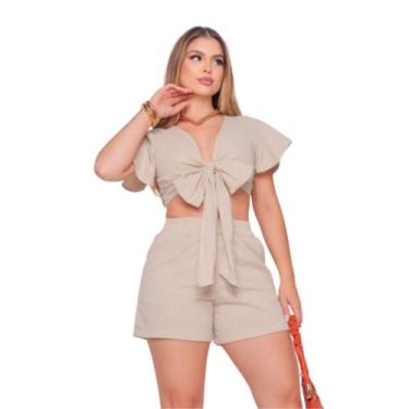 Imagem de Conjunto feminino de cropped de amarrar e shorts com bolso no linho pr