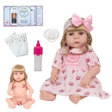 Imagem de Boneca Reborn Bebe Loira 100% Vinil Siliconado Kit 13 Itens - Cegonha 