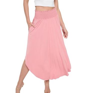 Imagem de Saia longa midi feminina, rodada, roupa sexy, cintura alta, roupa de verão, sem fecho, casual, Rosa empoeirado, M