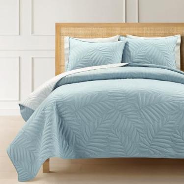 Imagem de Lush Decor - Conjunto de colcha, roupa de cama de algodão reversível de 3 peças com fronhas combinando, design de folha bordada (azul ilha/branco, casal/queen)