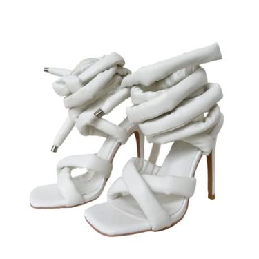 Imagem de Frankie Hsu Sandália feminina de luxo com cadarço na perna no tornozelo, corrente de elos dourados, tiras de PVC transparente, bico redondo, salto alto, Branco, 42