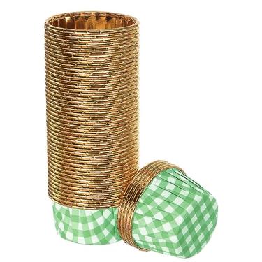 Imagem de HARFINGTON Copos de cupcake xadrez verde dourado, 50 peças, folha de alumínio, 100 ml, forros de cupcake padrão, copos de assar para festa de aniversário, decorações de casamento