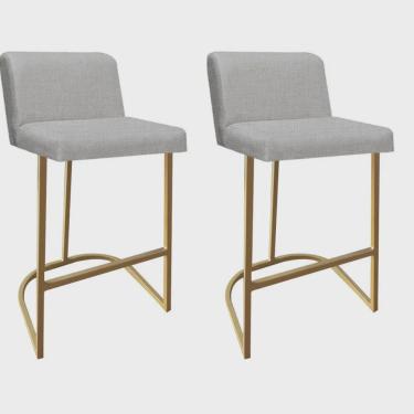 Imagem de Kit 02 Banquetas Com Encosto Noah Luxo Confort Bistrô Cozinha Ferro Dourado Linho Bege - Ahazzo Móveis