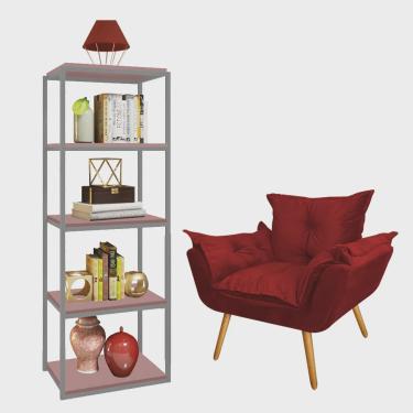 Imagem de Kit Poltrona Fatte com Estante Livreiro Ferro Cinza mdf Rose Suede Vermelho - Ahazzo Móveis