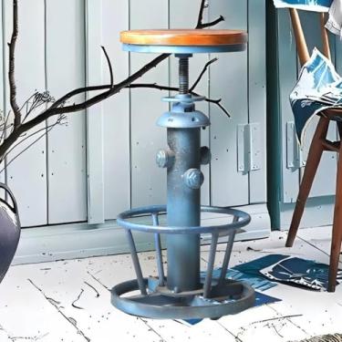Imagem de Topower Deco Steampunk envelhecido industrial fundo redondo altura ajustável café café retrô vintage hidrante design bar banco (azul antigo, topo de madeira)